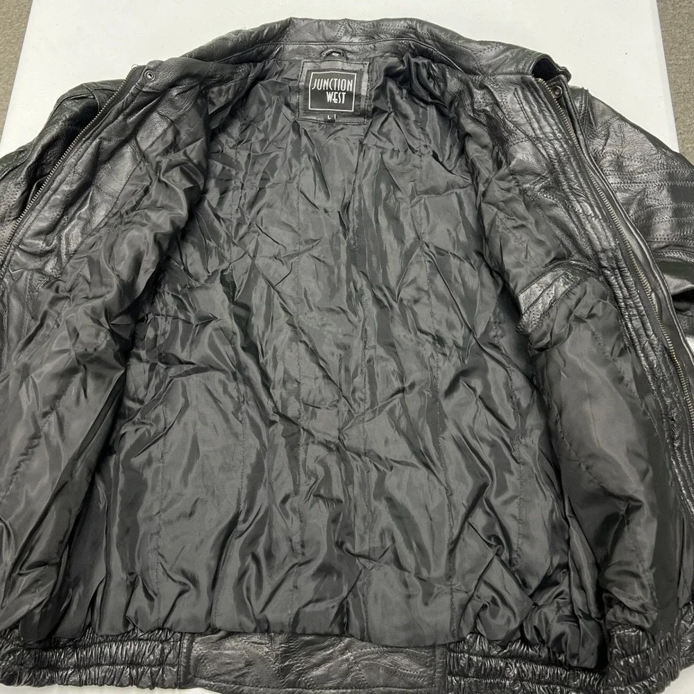 Junction West Patchwork Leather Bomber Jacket Mens L Black Vintage Textured Zip
